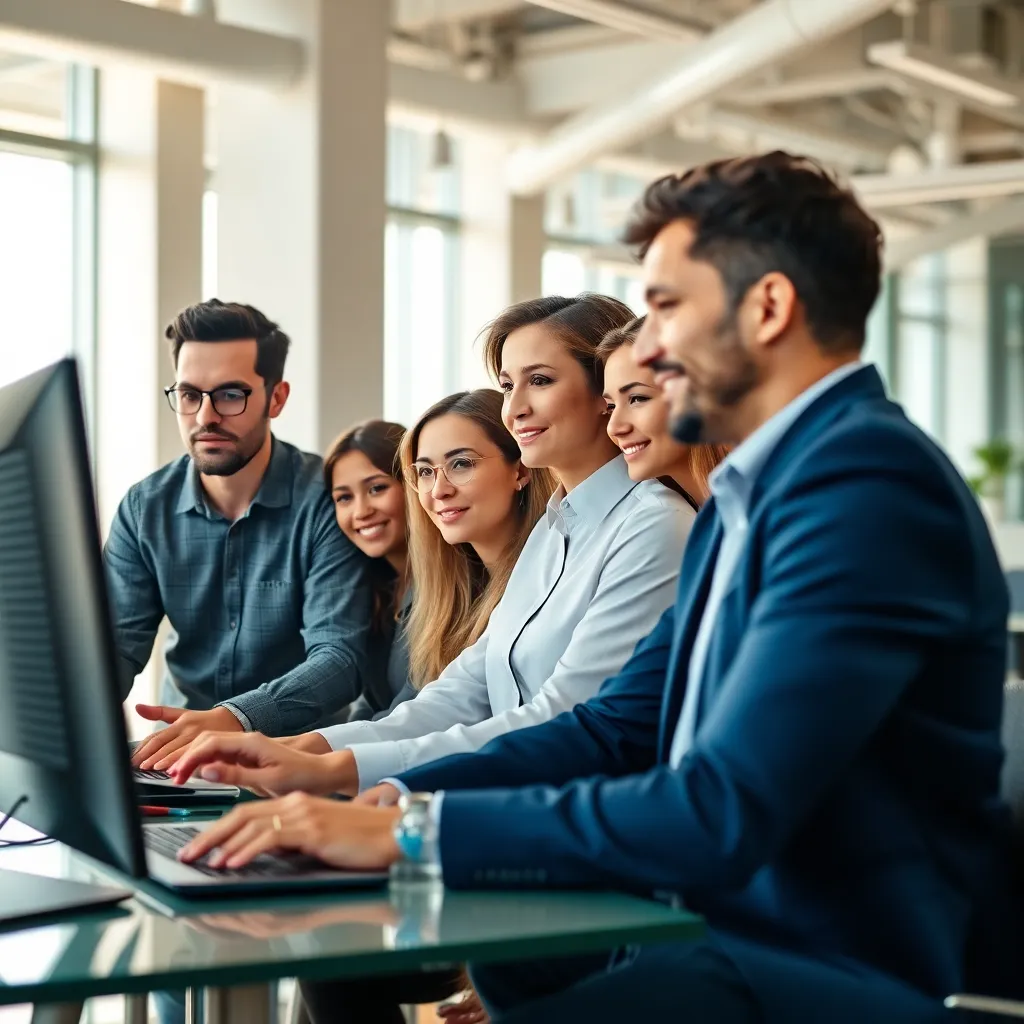 Профессиональная команда в современном офисе в Казахстане использует цифровые инструменты