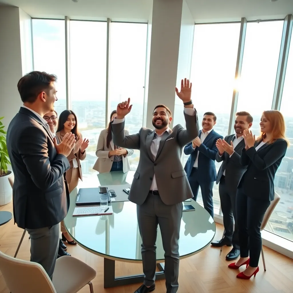 Команда празднует достижение бизнес-цели в современном офисе