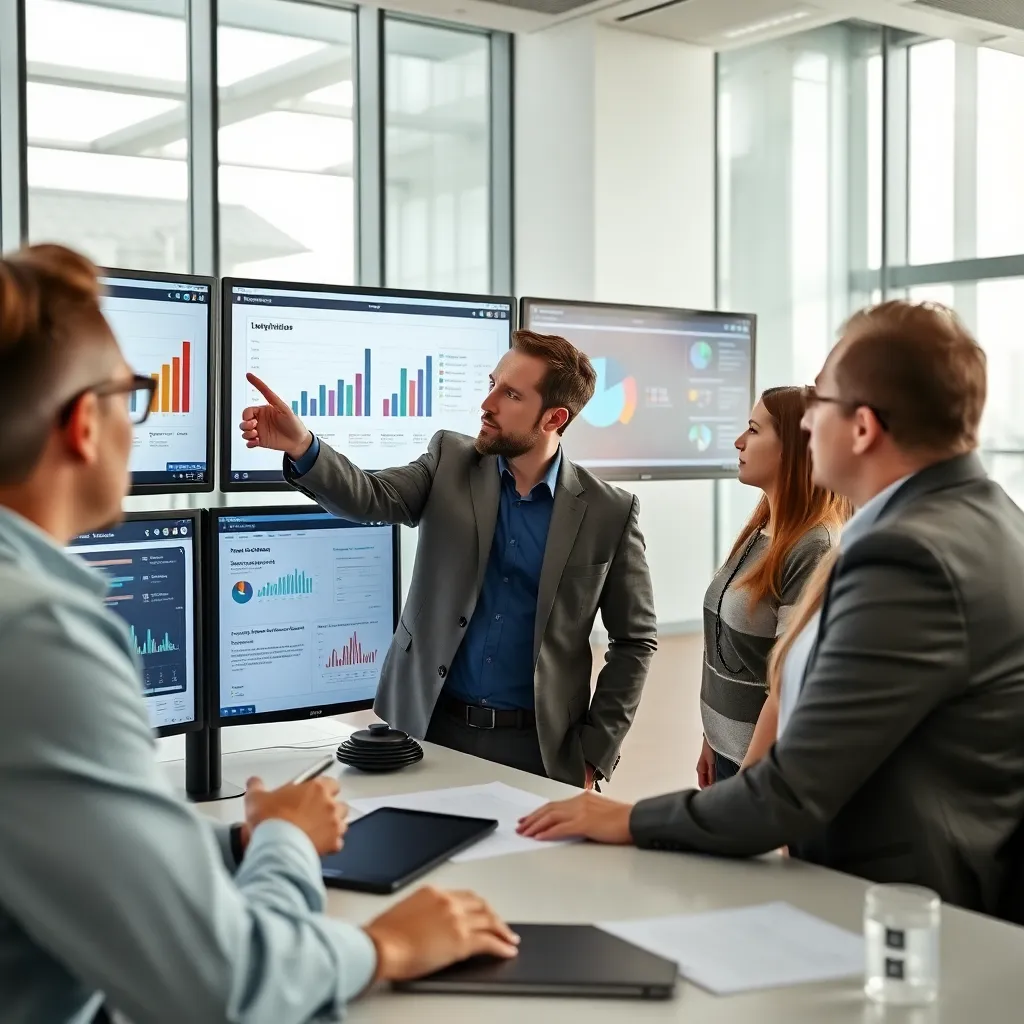 Команда специалистов обсуждает проект за круглым столом в современном офисе