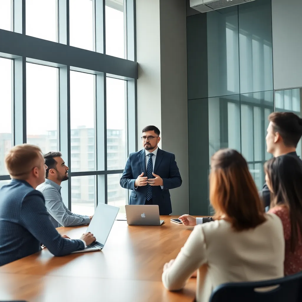 Многонациональная команда сотрудников на встрече в современном офисе в Нур-Султане