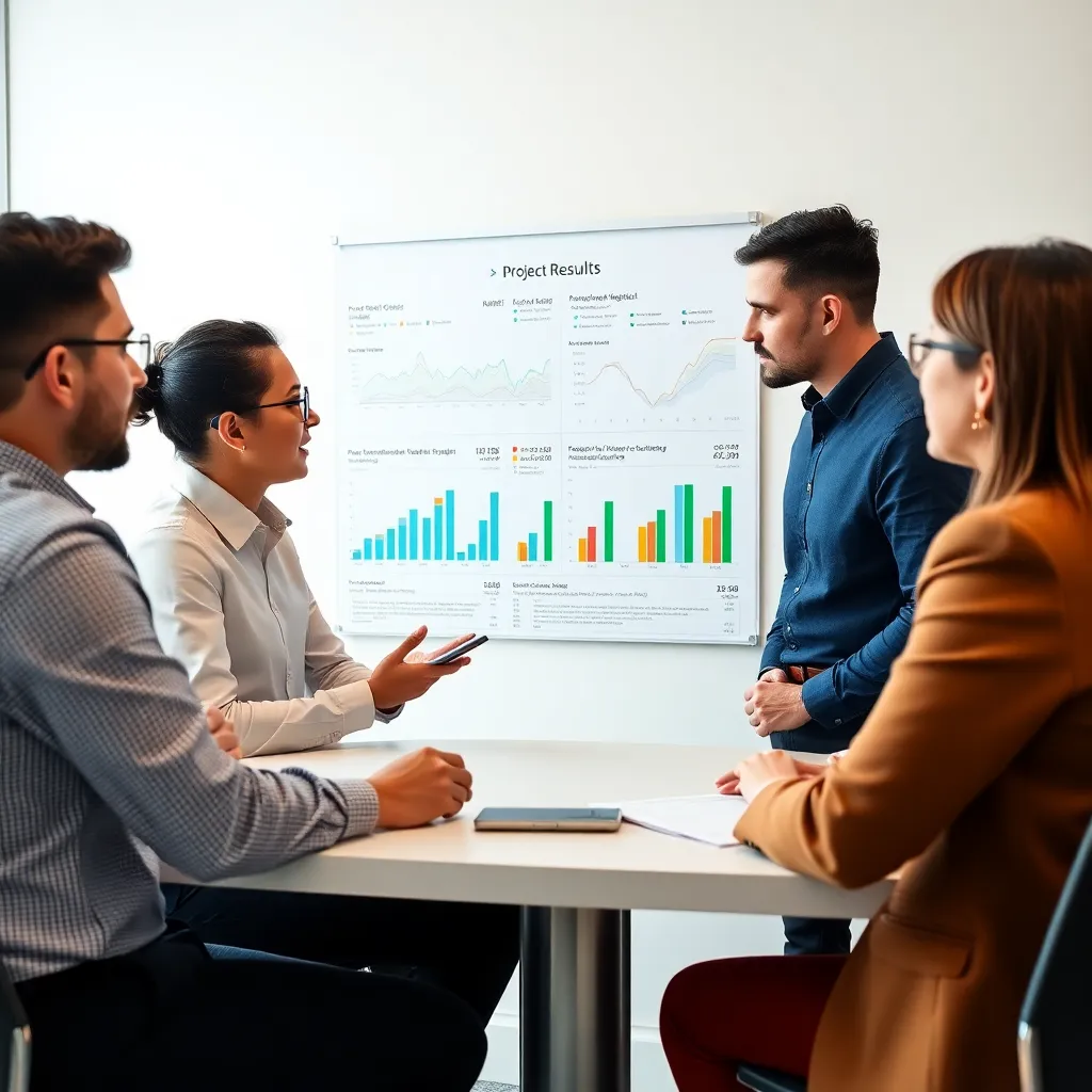 Команда анализирует результаты проекта в современном казахстанском офисе