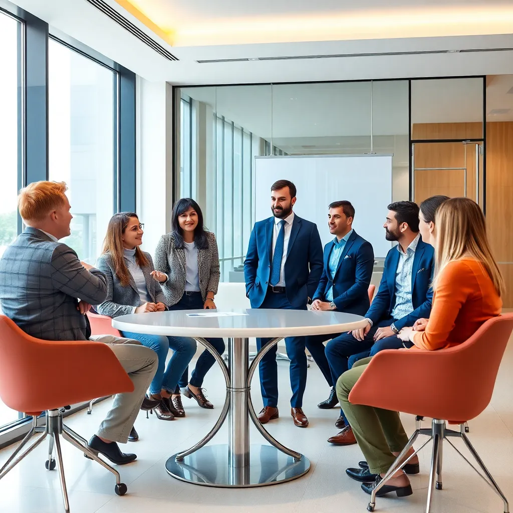 Многонациональная команда обсуждает проект в современном офисе