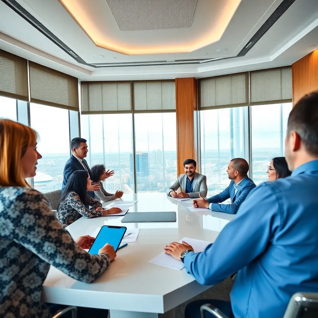 Многонациональная команда обсуждает проект в современном офисе в Казахстане