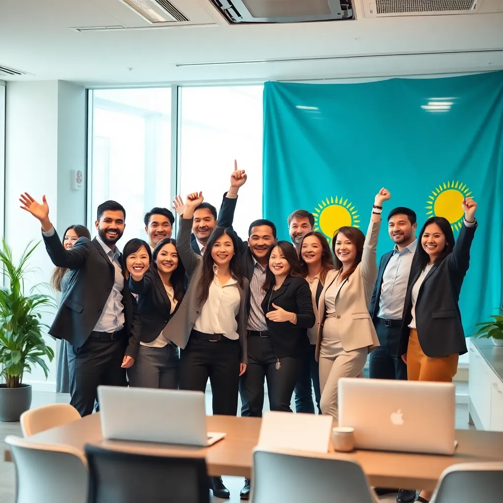 Профессиональная команда сотрудников сотрудничает в современном офисе в Казахстане