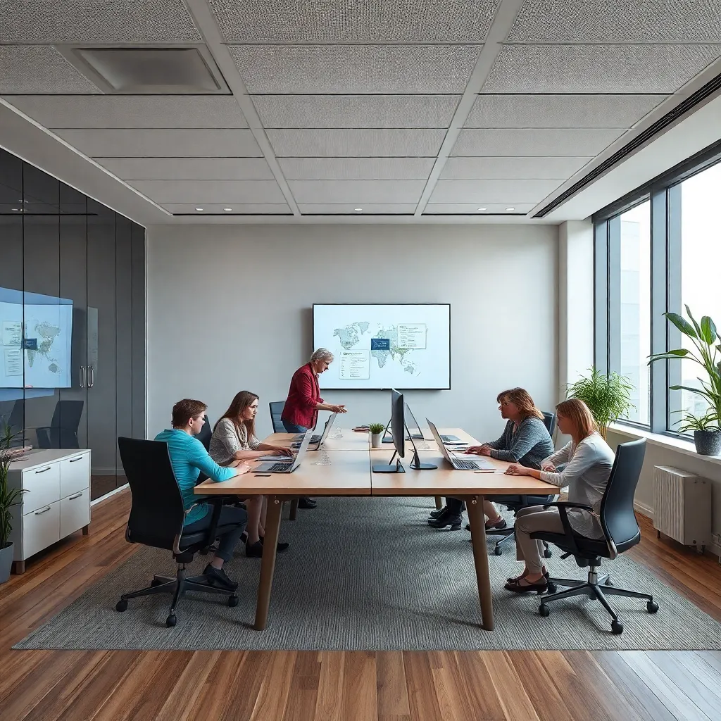 Команда менеджеров работает с канбан-доской в казахстанском офисе